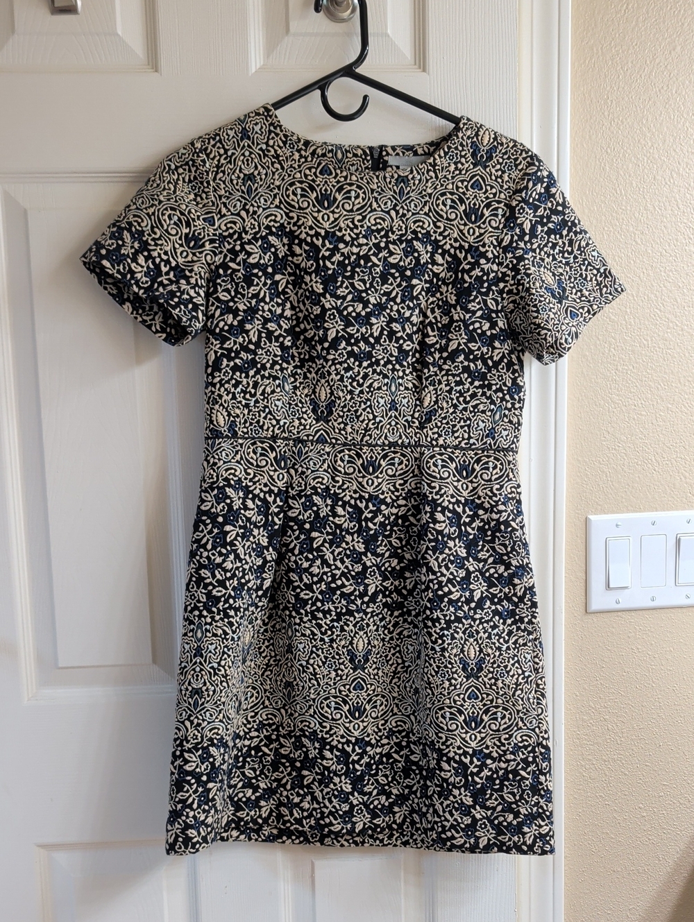 Women's Black, Blue, and Cream Jacquered Patterned Short Sleeve Dress